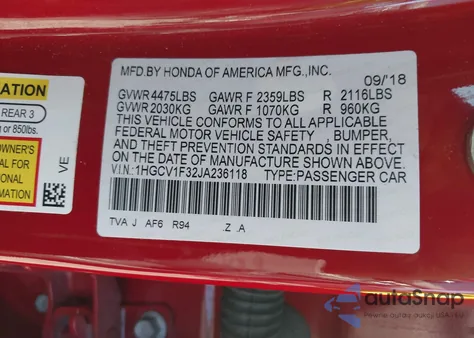 2018 Honda Accord Sport из США, поврежденный, VIN 1HGCV1F32JA236118